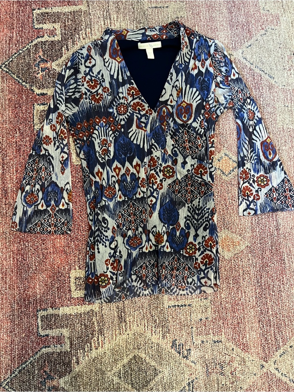 Weston Wear Navy and Rust Patterned V-Neck Blouse